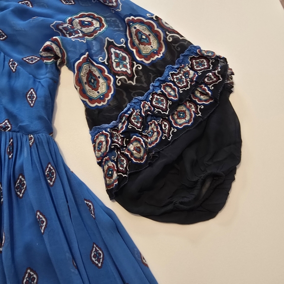 FARM Rio Anika Tiles Blue Maxi Dress Gown Long Sleeve V-Neck - Picture 7 of 14